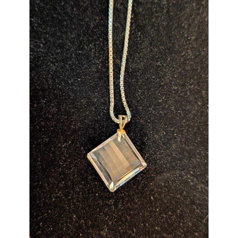 30-Inch Sterling Silver Necklace Square Crystal Pendant Italy 925 10g Elegant - Picture 10 of 15